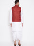 Vastramay Men's Maroon And White Cotton Blend Jacket, Kurta and Dhoti Set